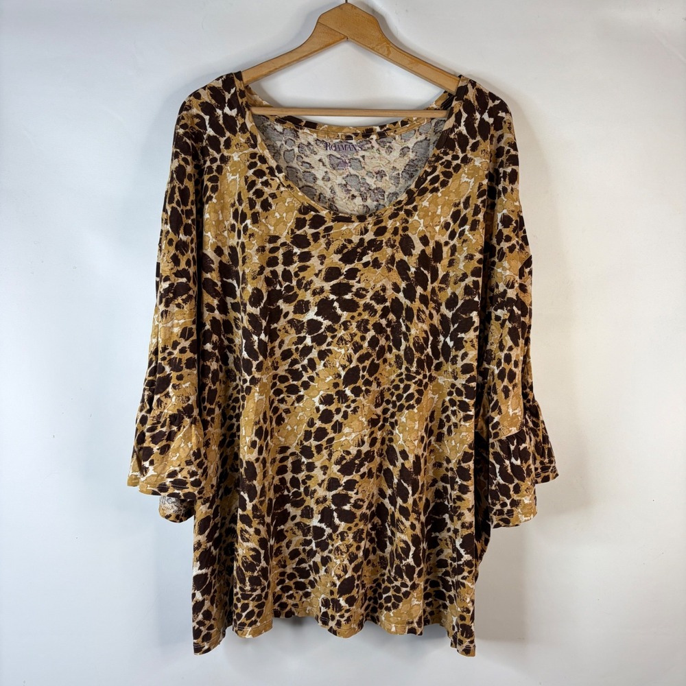 Roaman's Top Women 4X Brown Leopard Print Bell Sleeve Ruffle Cuff Cotton Tunic
